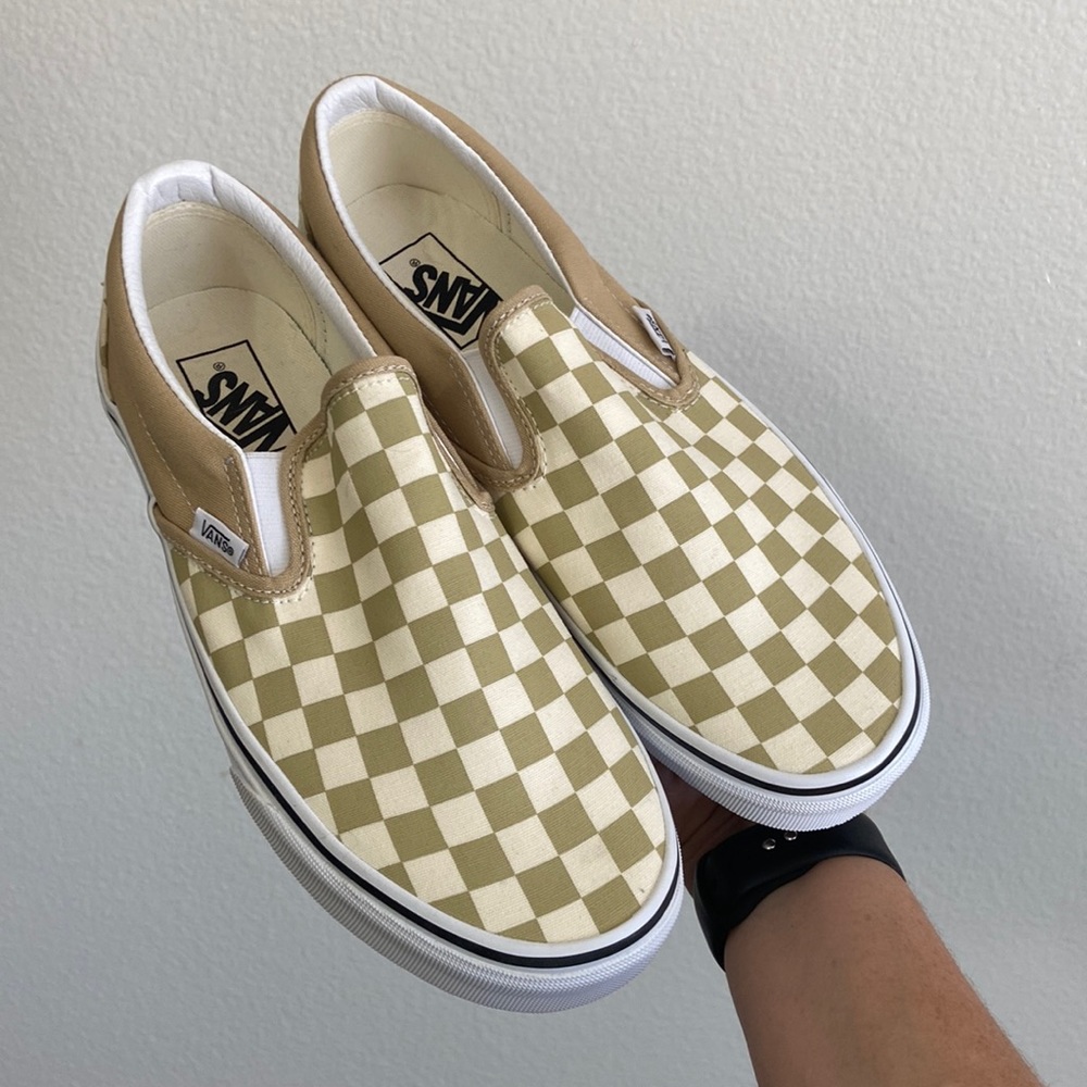 NWOT Tan and Cream Checkered Slip On Vans